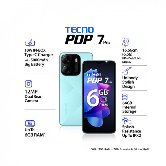 Tecno POP 7 Pro (Uyuni Blue, 3GB RAM,64GB Storage)
