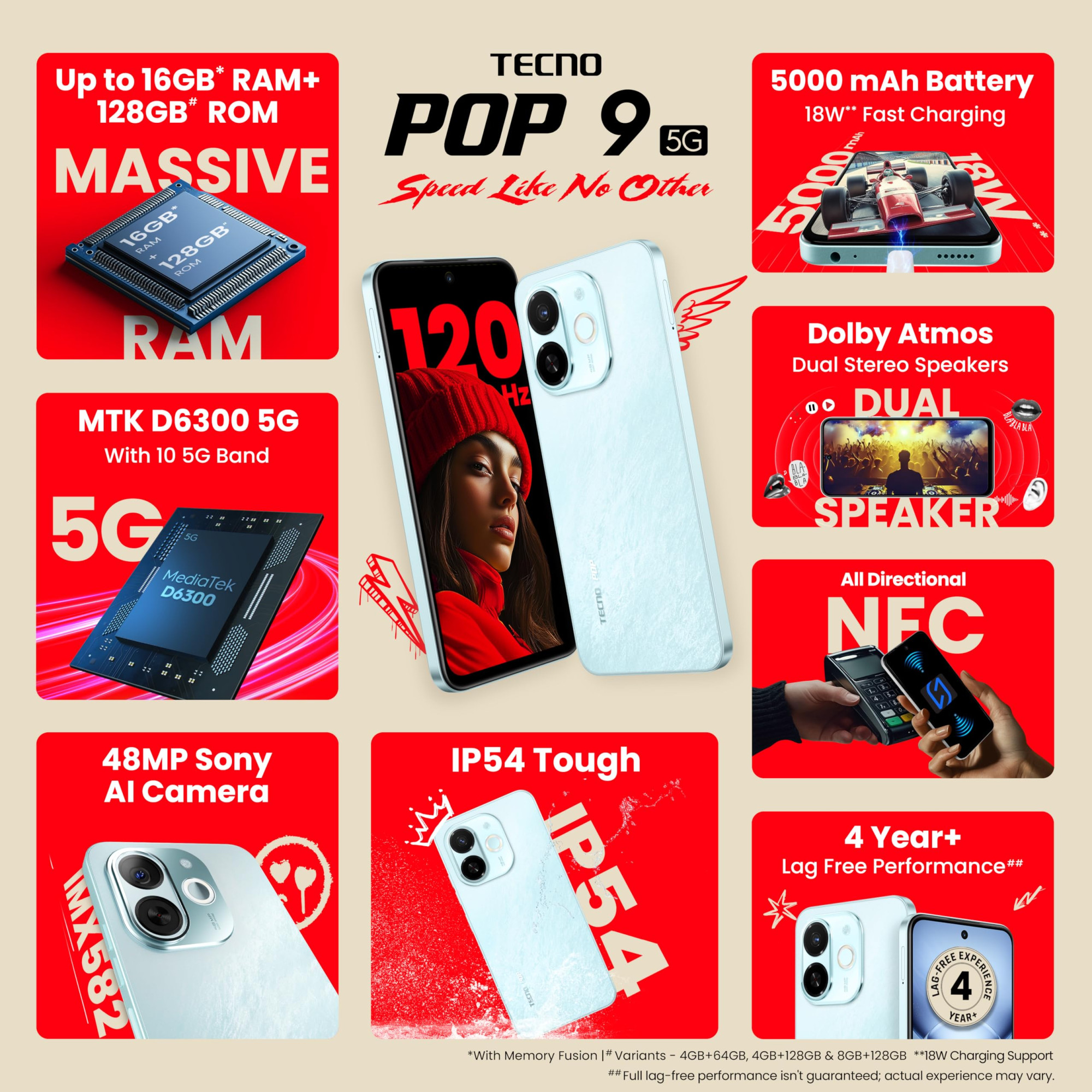 Tecno POP 9 5G Azure Sky 8GB128GB  D6300 5G Processor  48MP Sony AI Camera  4 Year Lag Free Fluency 5000 mAh Battery Dual Speaker  Without Charger