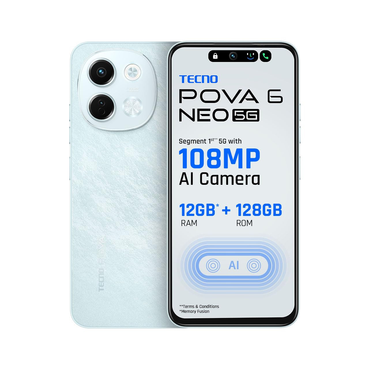 Tecno POVA 6 NEO 5G Azure Sky 6GB128GB  Advanced AI Features  108MP Ultra Clear AI Camera  D6300 Powerful Processor  5 Year Lag Free Fluency  5000 mAh Battery  in Built Infrared and NFC