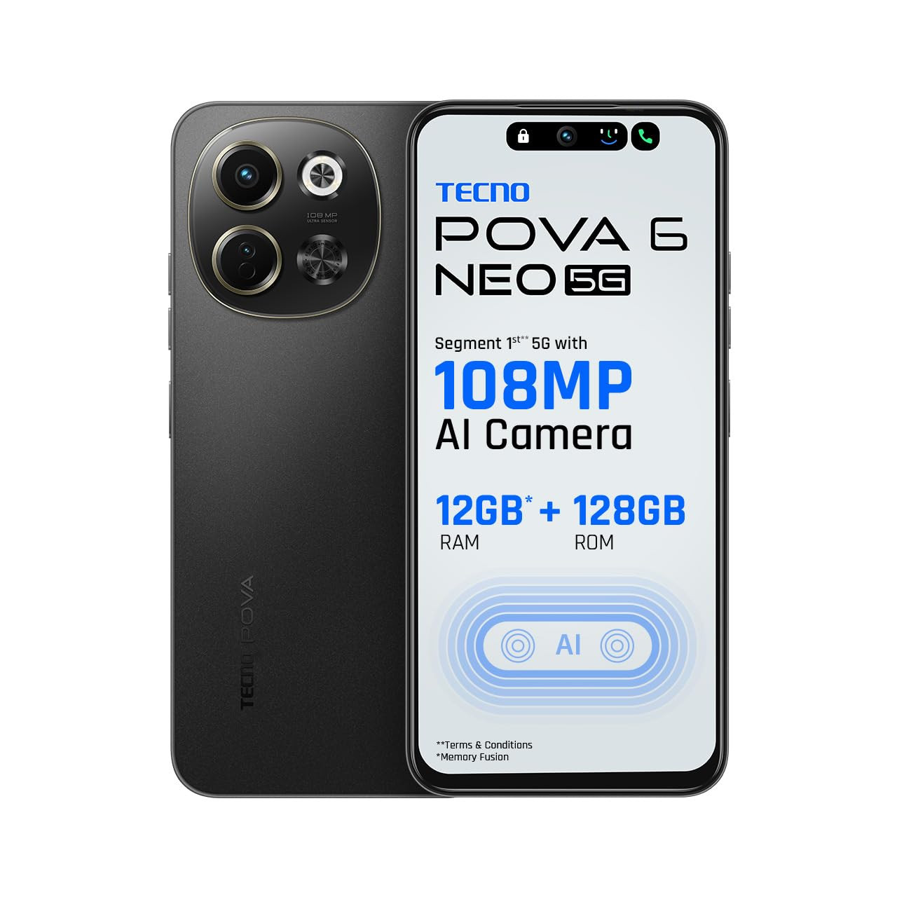 TECNO POVA 6 NEO 5G Midnight Shadow 6GB128GB  Advanced AI Features  108MP Ultra Clear AI Camera  D6300 Powerful Processor  5 Year Lag Free Fluency  5000 mAh Battery  InBuilt Infrared and NFC