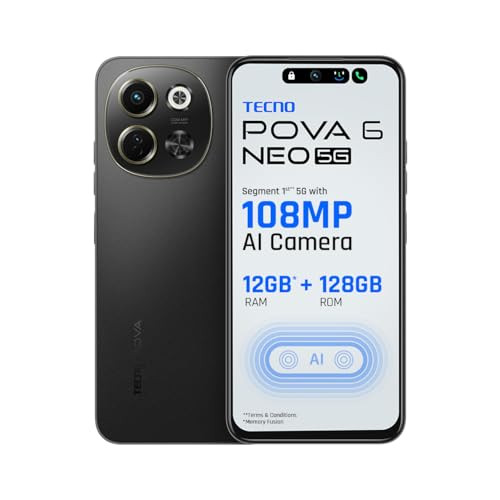TECNO POVA 6 NEO 5G Midnight Shadow 8GB256GB  Advanced AI Features  108MP Ultra Clear AI Camera  D6300 Powerful Processor  5 Year Lag Free Fluency  5000 mAh Battery  InBuilt Infrared and NFC