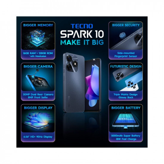 TECNO Spark 10 (Meta Black, 8GB RAM,128GB Storage)|16GB Expandable RAM | 50MP AI Dual Rear Camera| 90Hz Refresh Rate 6.56