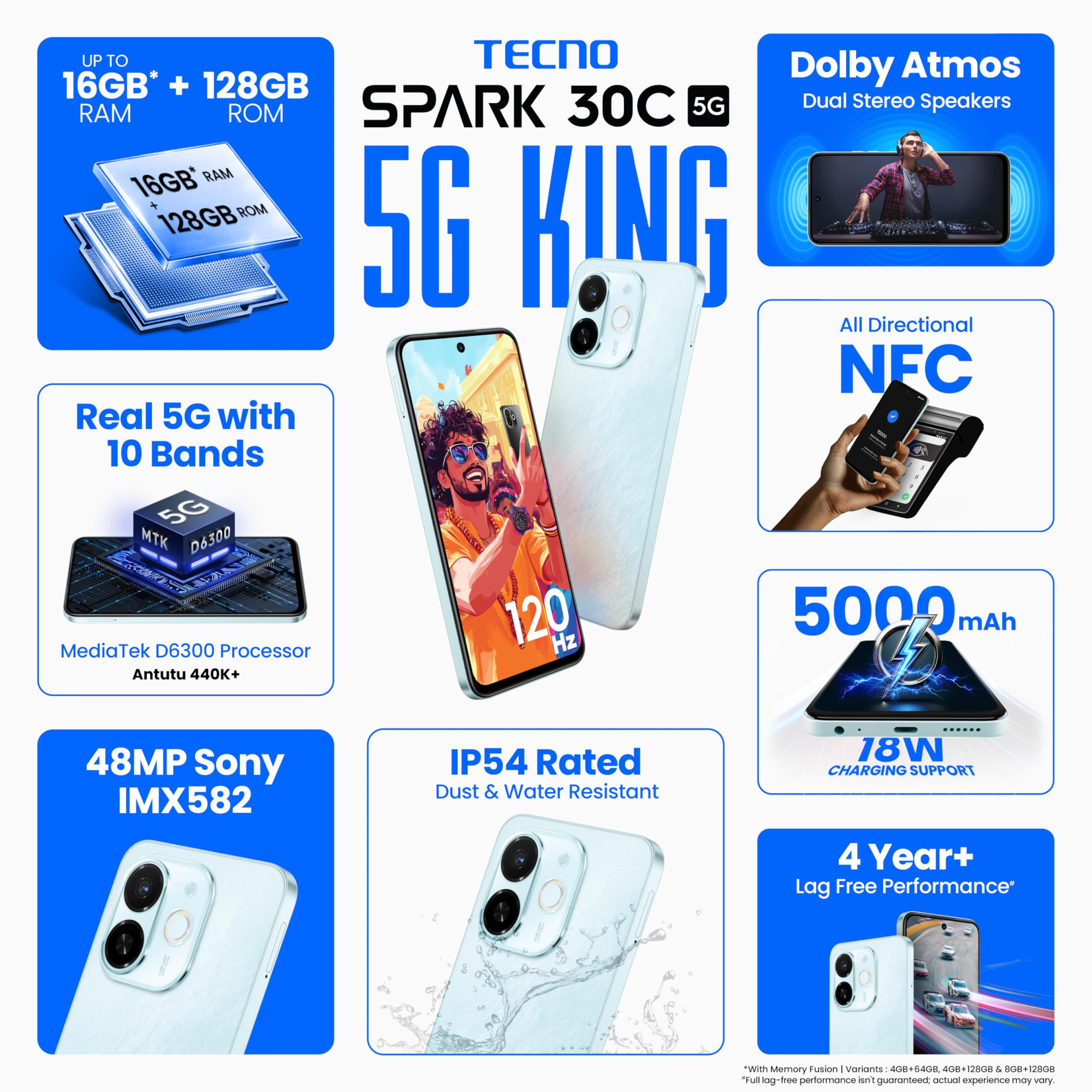 Tecno Spark 30C 5G Azure Sky 4GB128GB  D6300 5G Processor  5000 mAh Battery  NFC IR Remote  Dolby Atmos