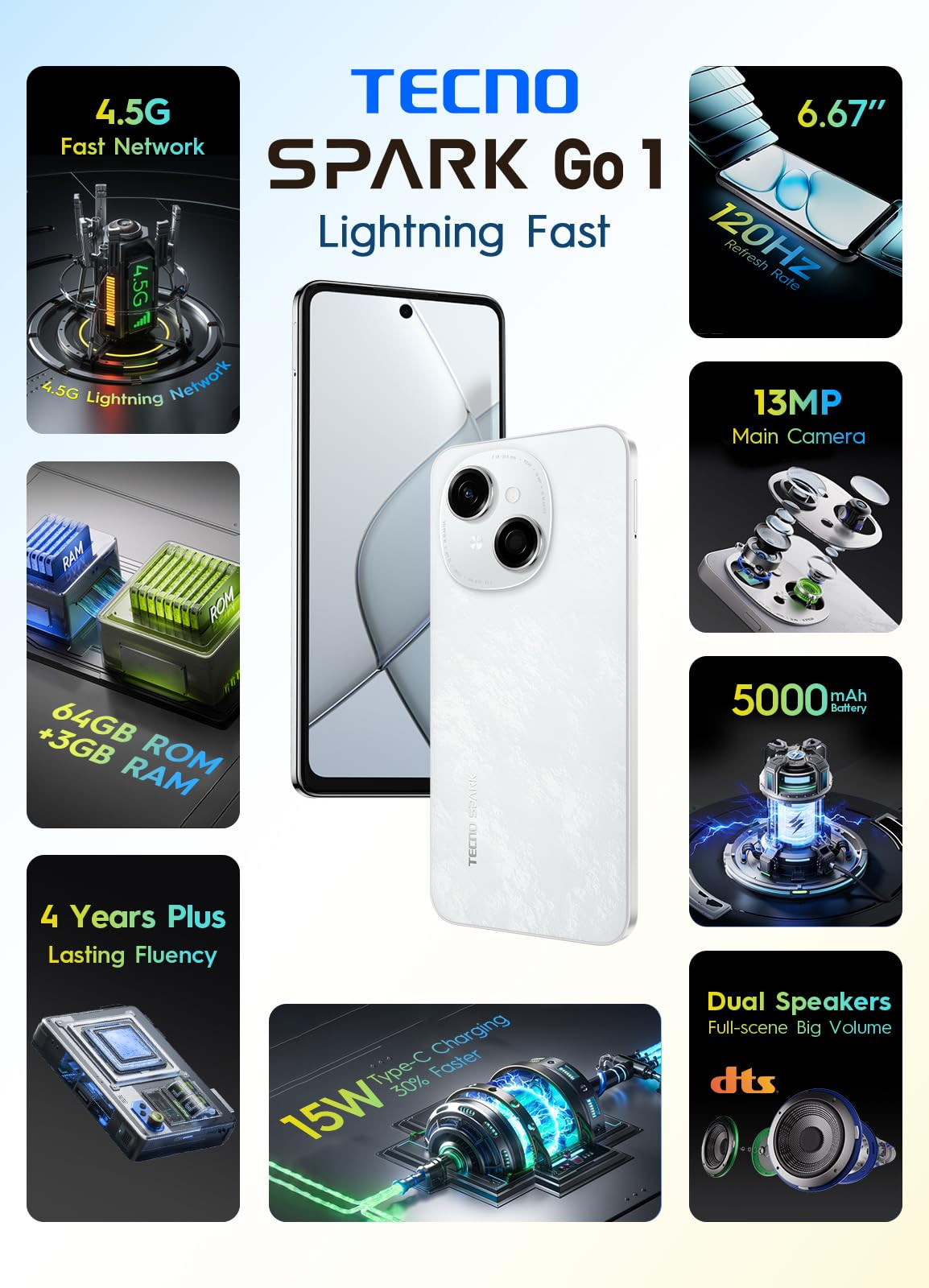 Tecno Spark GO 1 Glittery White 3GB64GB 4 Years Lag Free Fluency  667 120Hz Smooth Display  6GB Bigger RAM  in-Built Infrared Remote  Dual Speakers with DTS  AI Call Noise Reduction