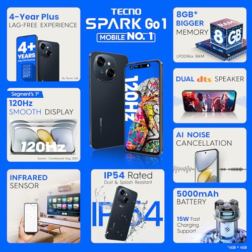 TECNO Spark GO 1 Startrail Black 4GB64GB  4 Years Lag Free Fluency  667 120Hz Smooth Display  8GB Bigger RAM  in-Built Infrared Remote  Dual Speakers with DTS  AI Call Noise Reduction