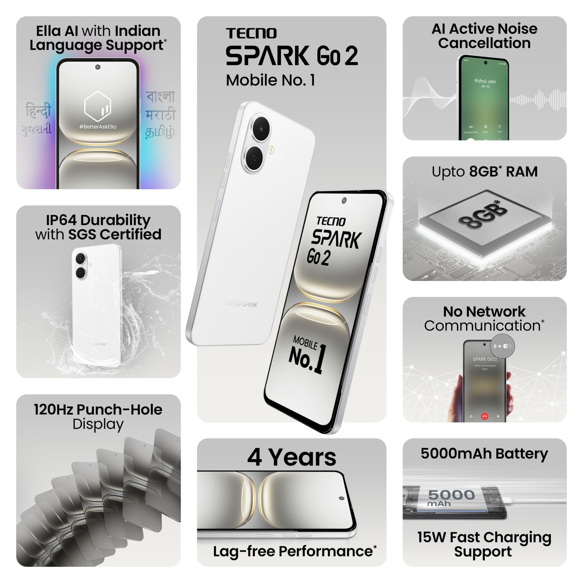 TECNO Spark GO 2 Veil White 4GB64GB  Segment 1st IP64 SGS Certified  Segments 1st AI with Indian Languages  Segments 1st No Network Communications  120Hz Punch  5000mAh Battery