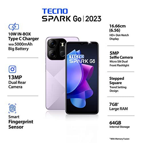 TECNO Spark Go 2023 Nebula Purple 4GB RAM64GB Storage  5000mAh Battery  656 HD Display  13MP Dual Rear Camera  Type C Port