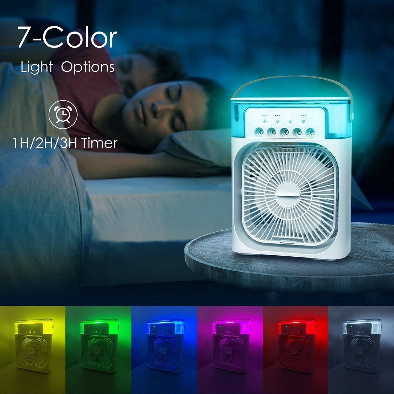 TEKCOOL Mini Cooler for Room Cooling AC Portable Mini Fan Artic Cooler with 7 Colors LED Light 123 H Timer 3 Wind Speeds and 3 Spray Modes for OfficeHomeDormTravel-