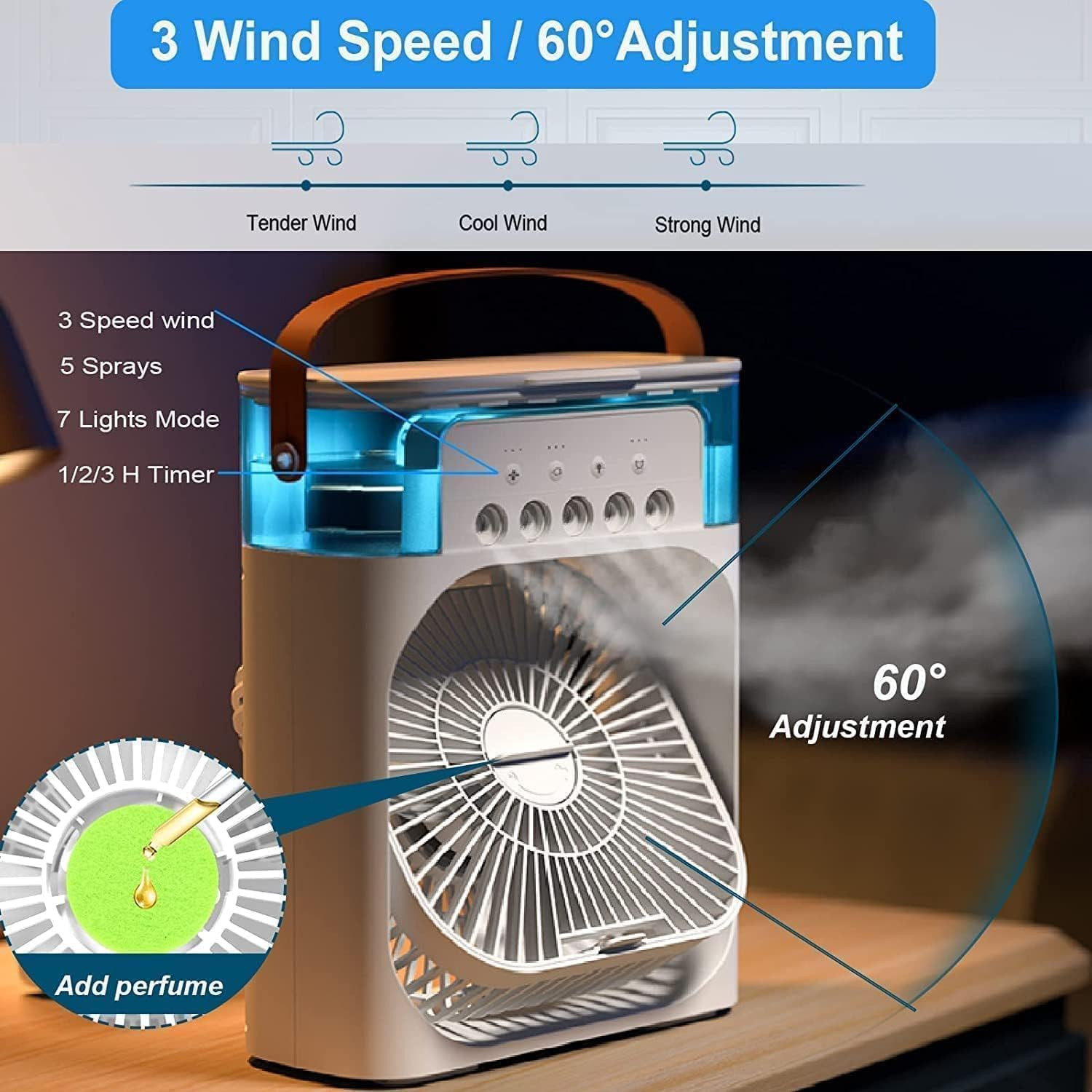 TEKCOOL Mini Cooler for Room Cooling AC Portable Mini Fan Artic Cooler with 7 Colors LED Light 123 H Timer 3 Wind Speeds and 3 Spray Modes for OfficeHomeDormTravel-