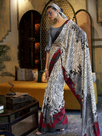 Tempting White & Grey Digital Printed Crepe Festive Wear Saree With Blouse(Un-Stitched)