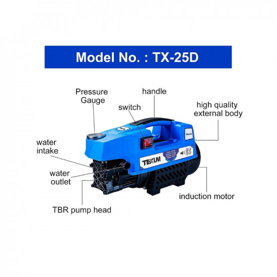 Texum TX-25D Portable high Pressure Car Washer Machine for Washing car, Bike, Vehicle, 135 Bar Max Pressure and 2000 watt Motor Power. (Updated Model)