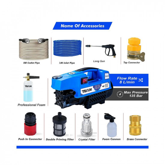 Texum TX-25D Portable high Pressure Car Washer Machine for Washing car, Bike, Vehicle, 135 Bar Max Pressure and 2000 watt Motor Power. (Updated Model)