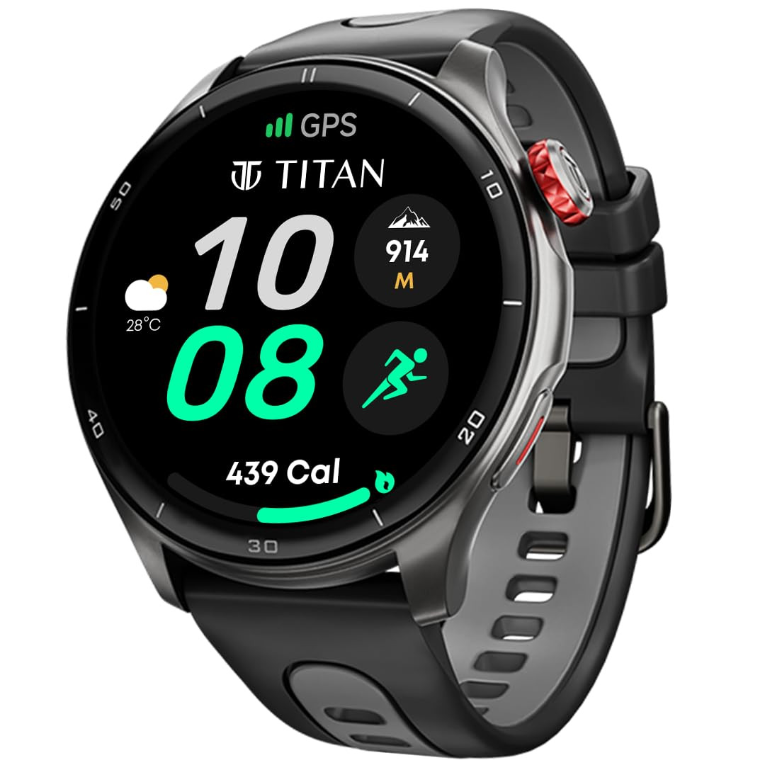 Titan Celestor Smart Watch with 143 AMOLED Display  AOD 60Hz Fluid Display Advanced GPS with Altimeter Barometer  Compass Piezoelectric Crown BT Calling Upto 7 Day Battery 3ATM Black