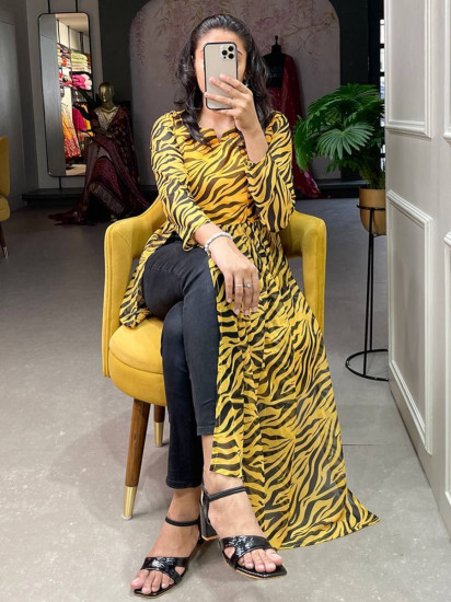 Trendy Yellow Animal Printed Chiffon Nayra Cut Occasion Wear Kurti