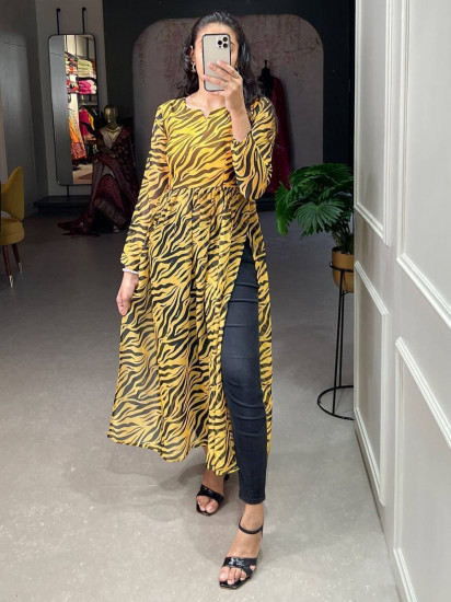 Trendy Yellow Animal Printed Chiffon Nayra Cut Occasion Wear Kurti