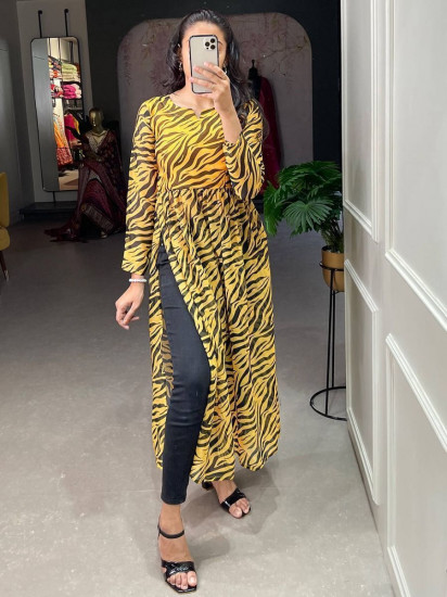 Trendy Yellow Animal Printed Chiffon Nayra Cut Occasion Wear Kurti