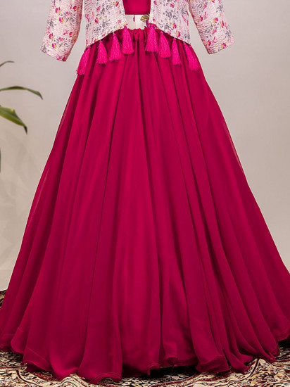 Tropical Pink Plain Georgette Indo-Western Lehenga Choli With Koti
Semi Stitched