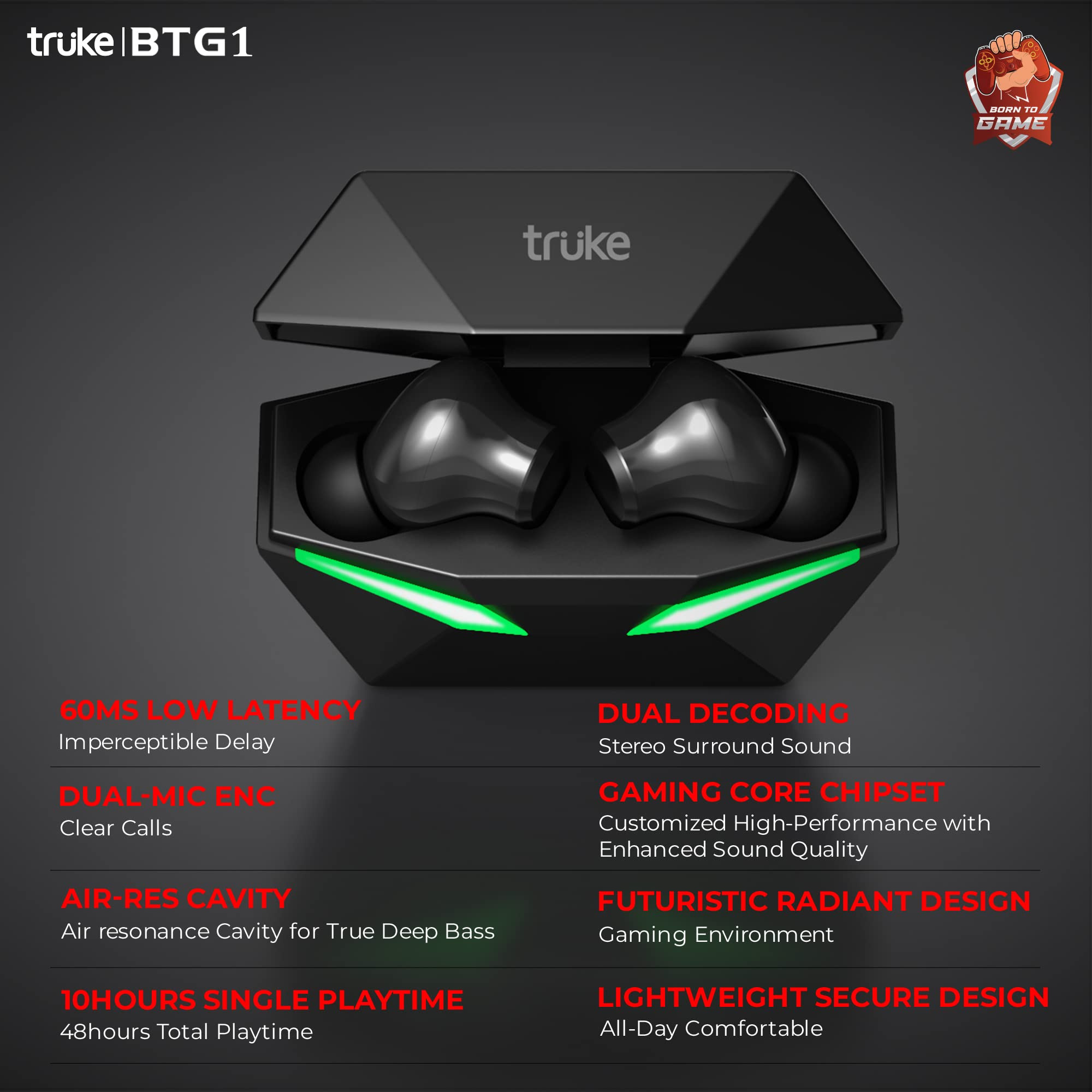truke Buds BTG1 True Wireless Earbuds with Environmental Noise CancellationENC  Quad MEMS Mic for Clear Calls  Up to 48hrs of Playtime  60ms Low Latency  Bluetooth 51  IPX4