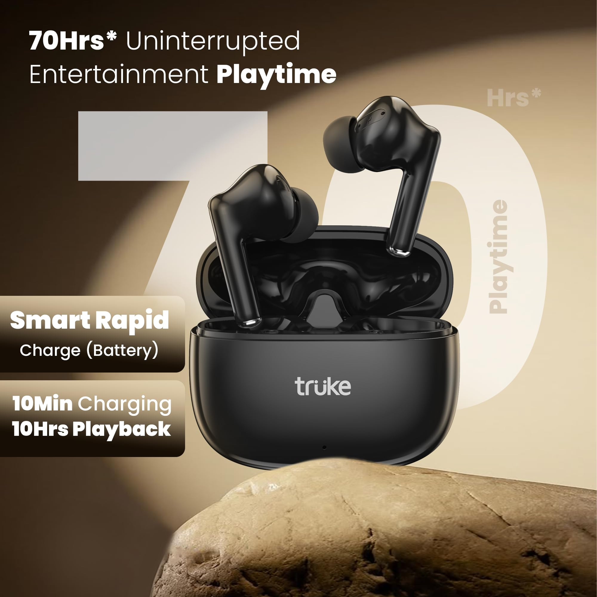 truke New Launch Buds Elite True Wireless in Ear Earbuds with 10mm Dynamic Driver 70Hrs Battery  Fast Charging EarBuds Dual-MIC ENC TWS 40ms Low Latency Gaming Buds Volume Control BT 54 Black