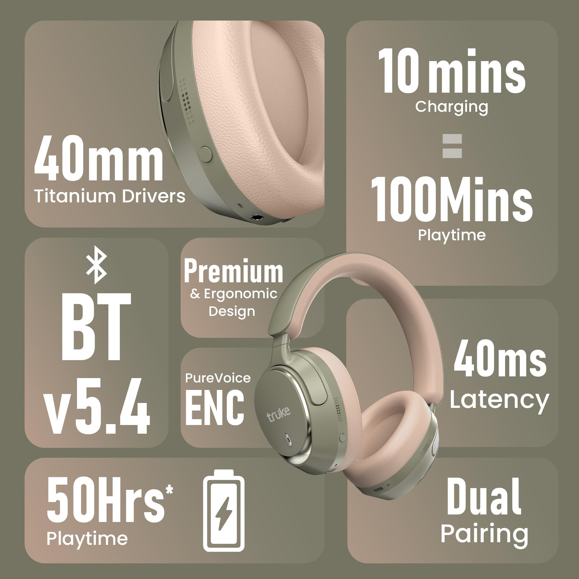 truke Newly Launch Aura Bass Over The Ear Headphone with 50H of Playtime 40mm Titanium Drivers Dual Pairing Headset 40ms Ultra Low Latency ENC Premium Design  Comfort Green