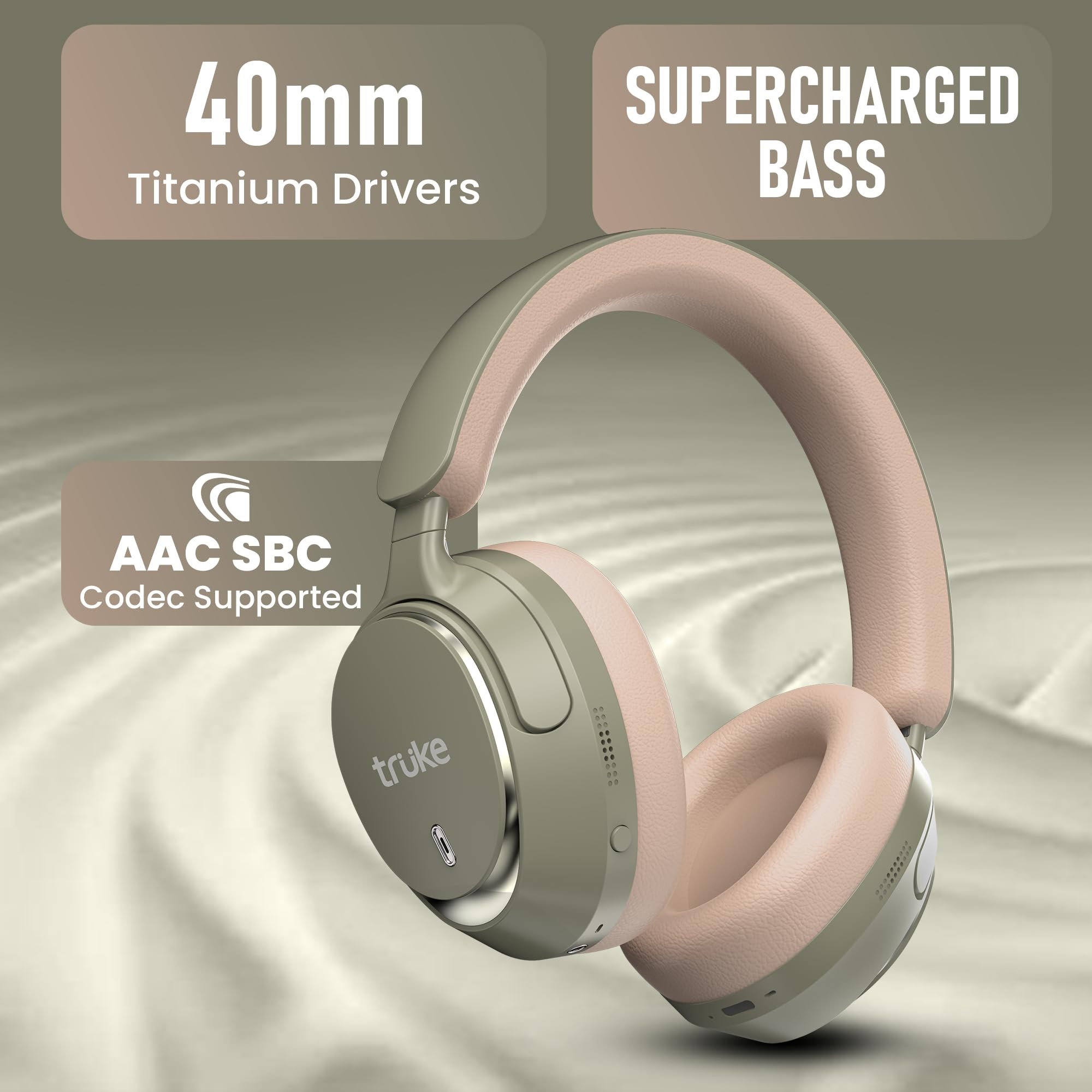 truke Newly Launch Aura Bass Over The Ear Headphone with 50H of Playtime 40mm Titanium Drivers Dual Pairing Headset 40ms Ultra Low Latency ENC Premium Design  Comfort Green