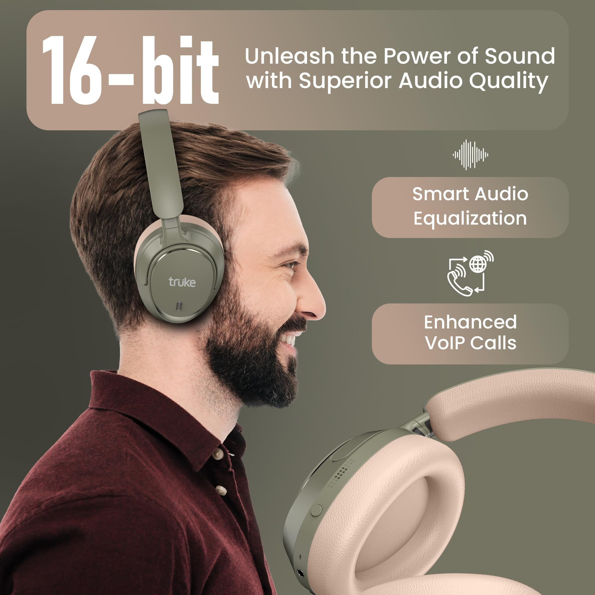 truke Newly Launch Aura Bass Over The Ear Headphone with 50H of Playtime 40mm Titanium Drivers Dual Pairing Headset 40ms Ultra Low Latency ENC Premium Design  Comfort Green