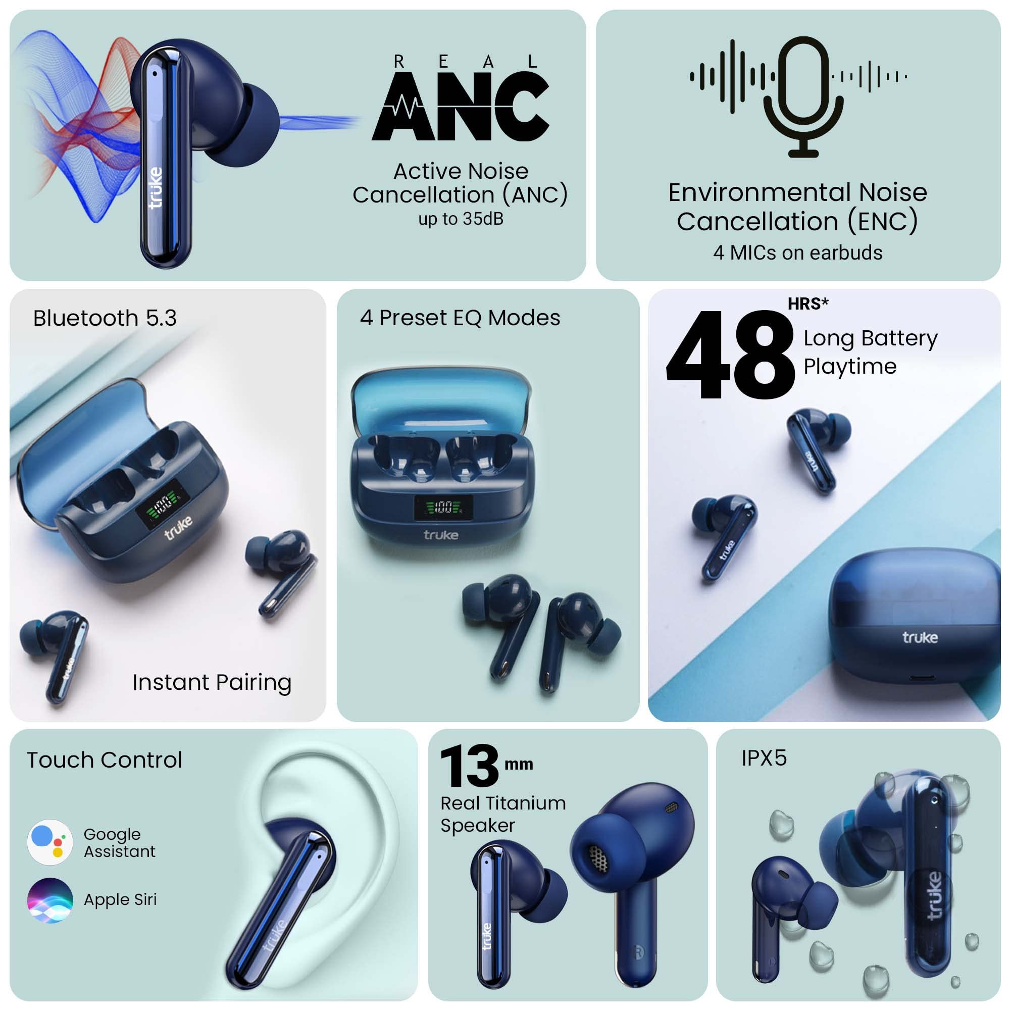 truke Newly Launched Buds Vibe True Wireless in Ear Earbuds with 35dB Real ANC  Quad Mic ENC 13mm Big Speaker 4 EQ Modes 48H Playtime Fast Charge 40ms Low Latency AAC Codec BT 53 IPX5Blue