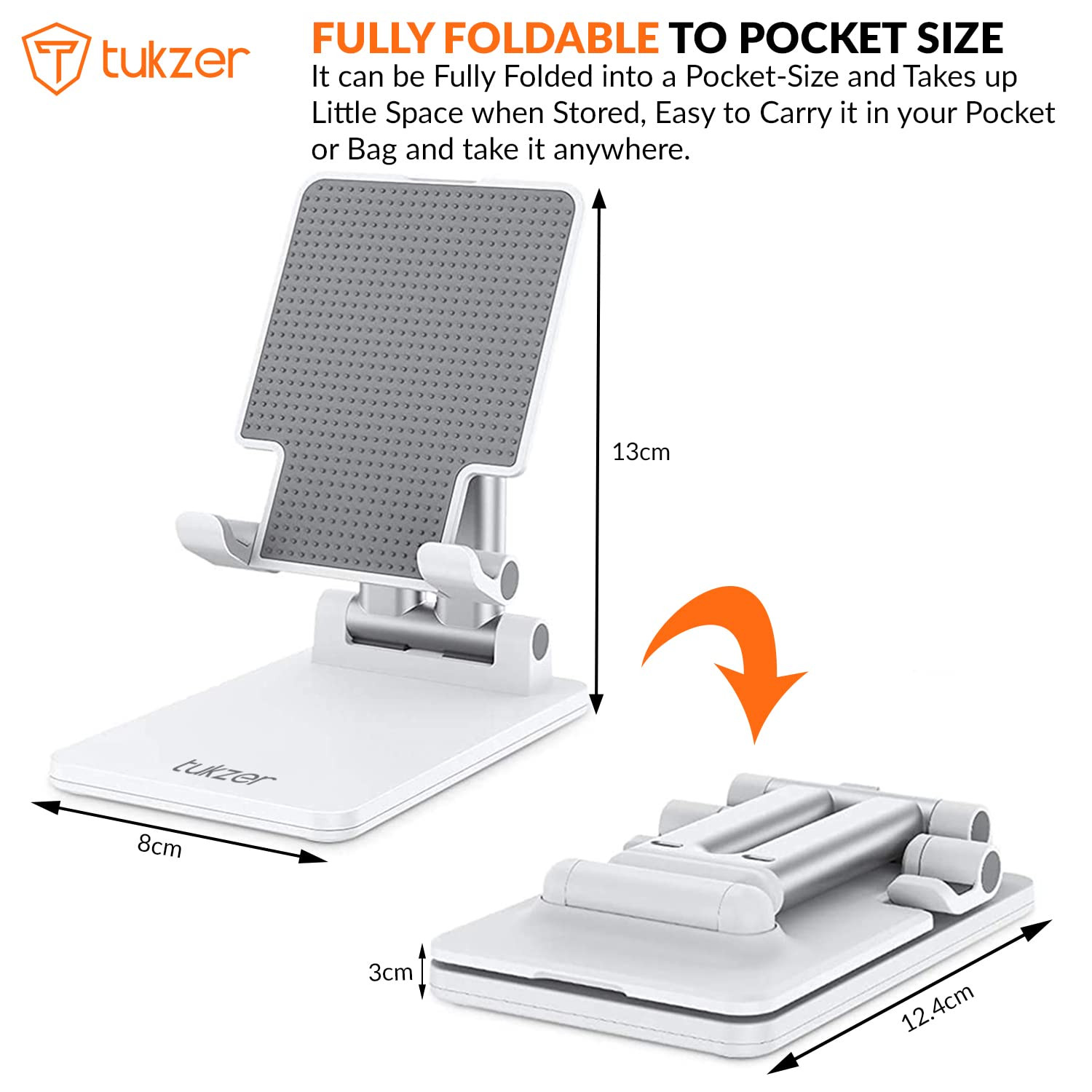Tukzer Universal Tablet Tabletop Stand Mobile Holder| Dual Poles Heavy Base Aluminum, Foldable, Multi-Angle Height Adjustable Stand for iPad Tablets Smartphones E-Book Readers Up to 15.6 inches(White)