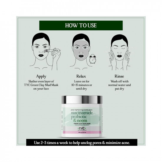 TYC Green Clay Face Mask with Niacinamide, Probiotics, Neem | Anti-Acne & Pore Cleansing Clay Mask For Dark Spots, Oily, Acne-Prone Skin | Helps Reduce Acne, Breakouts & Excess Oil | pH 5.5
