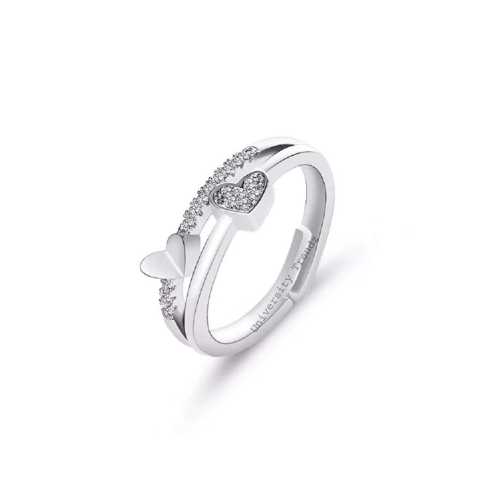 University Trendz Austrian Crystal Silver Plated Alloy Double Heart Shape Adjustable Ring for Women and Girls