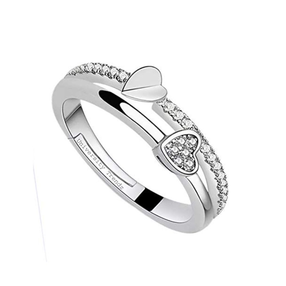 University Trendz Austrian Crystal Silver Plated Alloy Double Heart Shape Adjustable Ring for Women and Girls