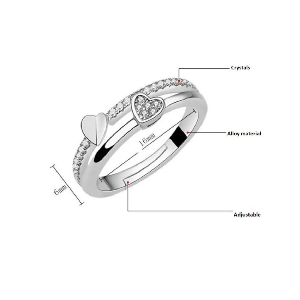 University Trendz Austrian Crystal Silver Plated Alloy Double Heart Shape Adjustable Ring for Women and Girls