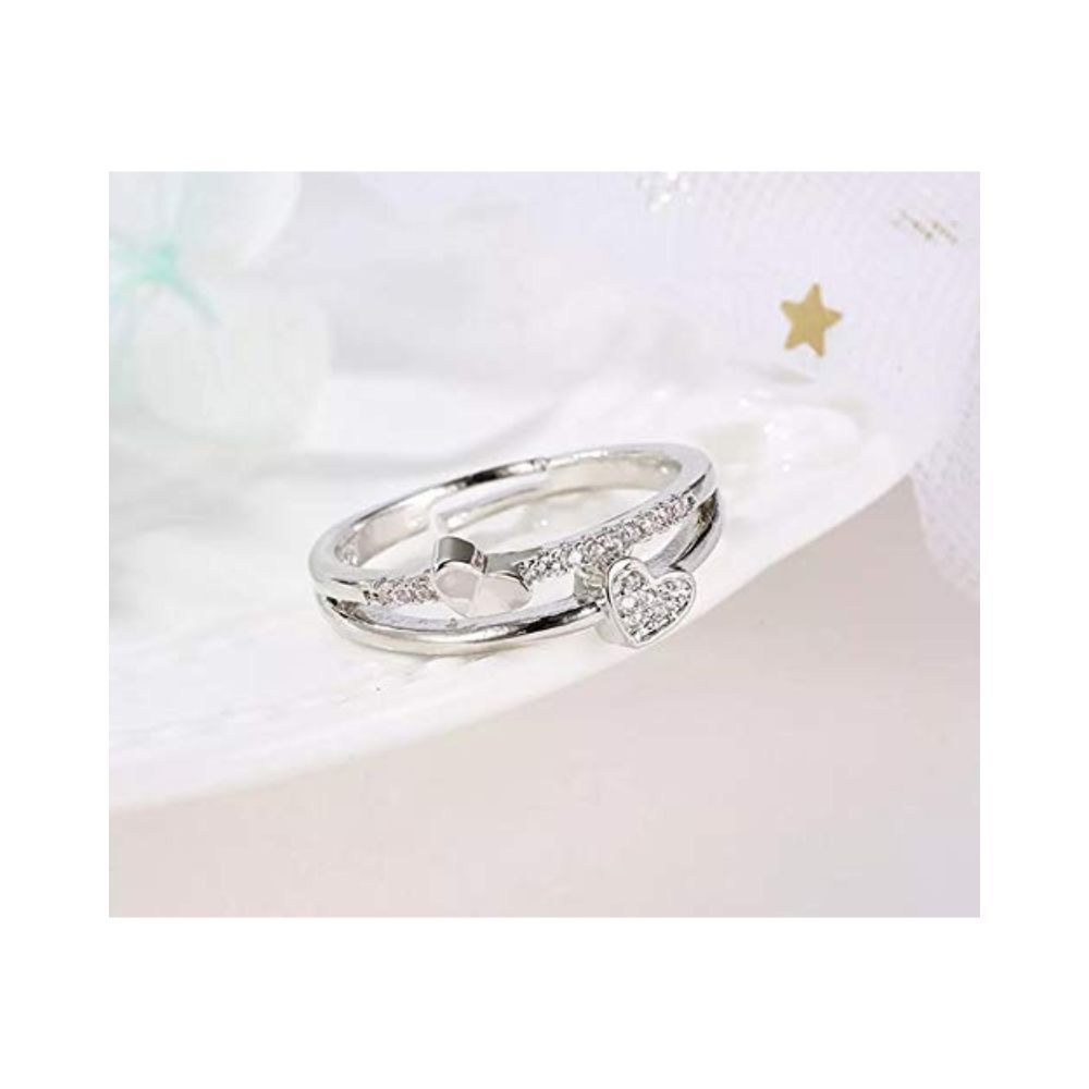 University Trendz Austrian Crystal Silver Plated Alloy Double Heart Shape Adjustable Ring for Women and Girls