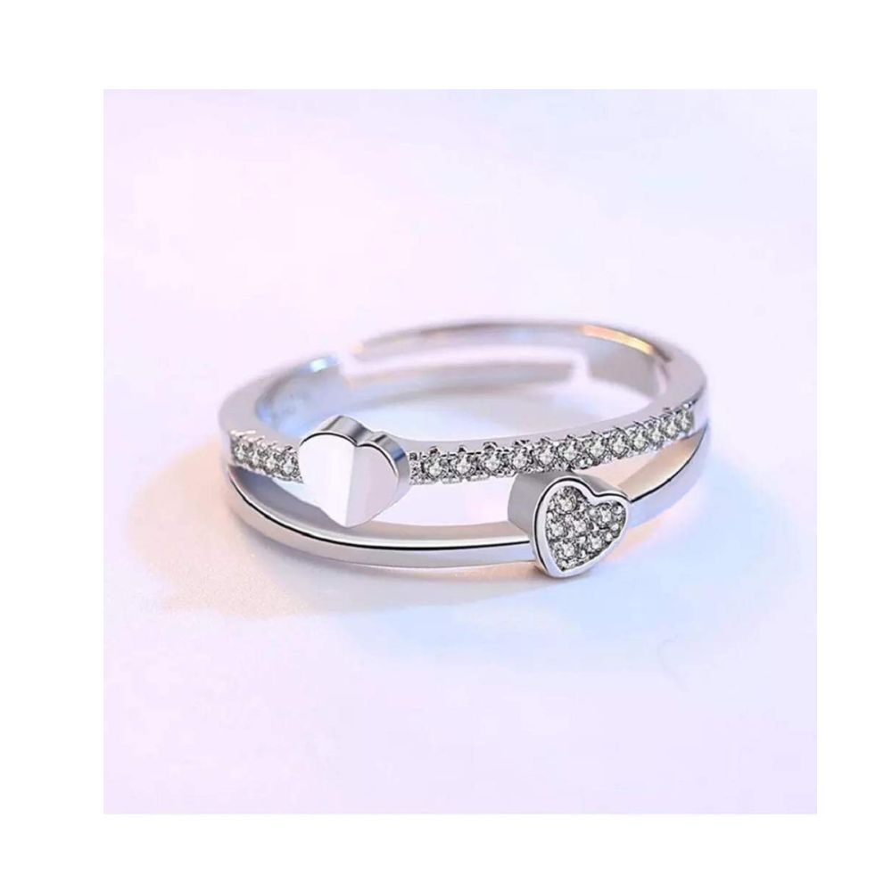 University Trendz Austrian Crystal Silver Plated Alloy Double Heart Shape Adjustable Ring for Women and Girls
