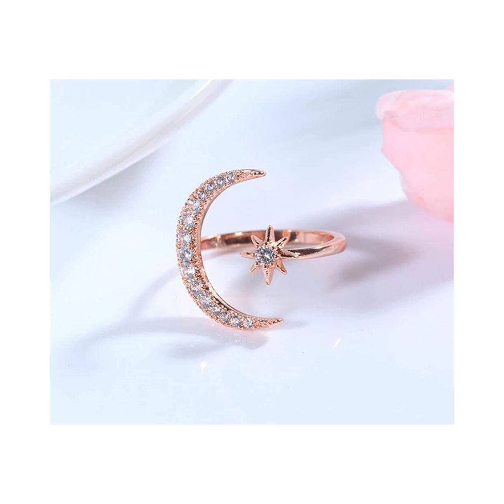 University Trendz Big Moon and Star Ring - Rose Gold Plated CZ Adjustable Ring for Women Girls