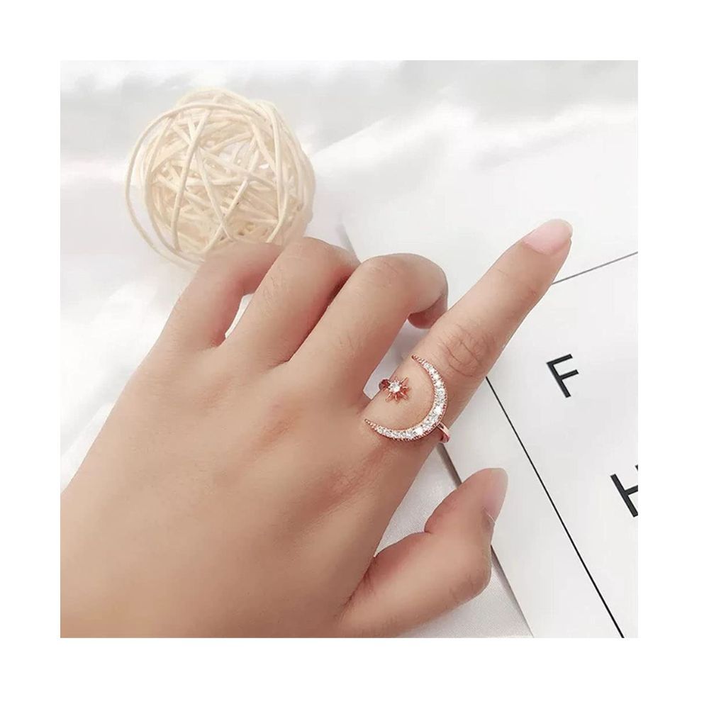 University Trendz Big Moon and Star Ring - Rose Gold Plated CZ Adjustable Ring for Women Girls