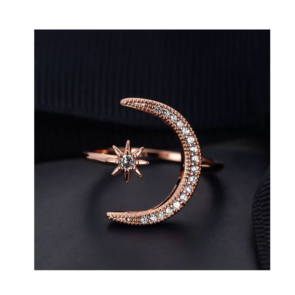 University Trendz Big Moon and Star Ring - Rose Gold Plated CZ Adjustable Ring for Women Girls