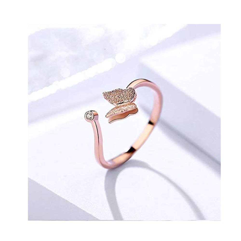 University Trendz Butterfly Charm Open Ring for Girls and Women in Wooden Box (Rose Gold)