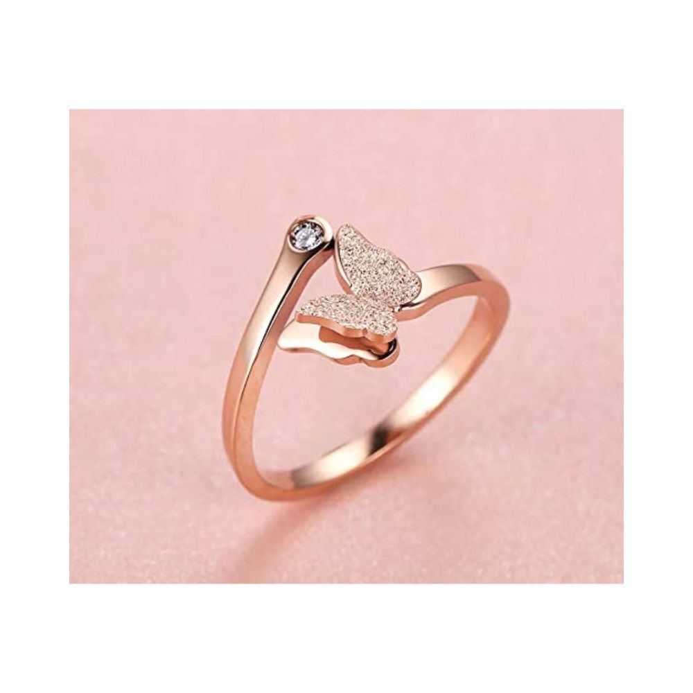 University Trendz Butterfly Charm Open Ring for Girls and Women in Wooden Box (Rose Gold)