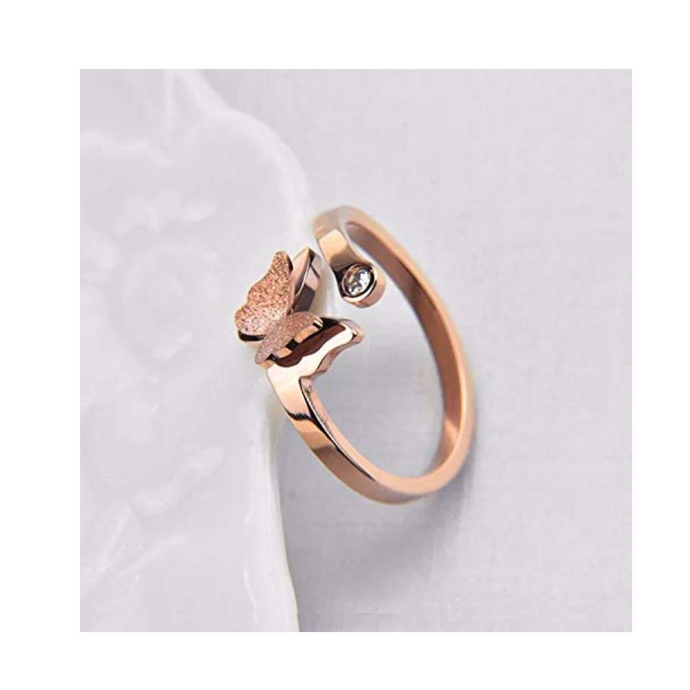 University Trendz Butterfly Charm Open Ring for Girls and Women in Wooden Box (Rose Gold)