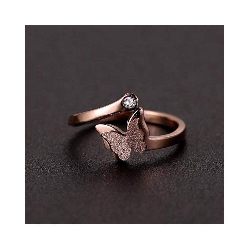 University Trendz Butterfly Charm Open Ring for Girls and Women in Wooden Box (Rose Gold)