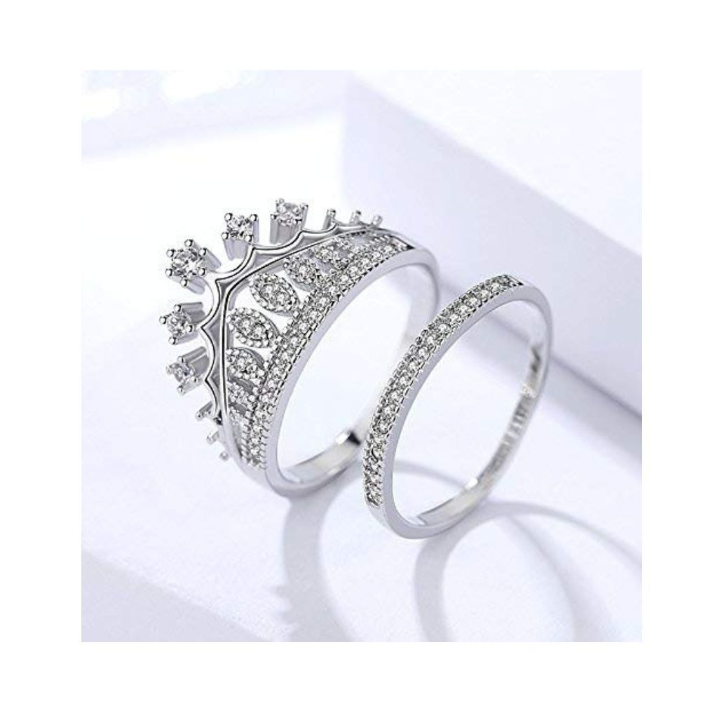 University Trendz Silver Plated Cubic Zirconia Metal Queen Crown Pattern Ring for Women(Silver)