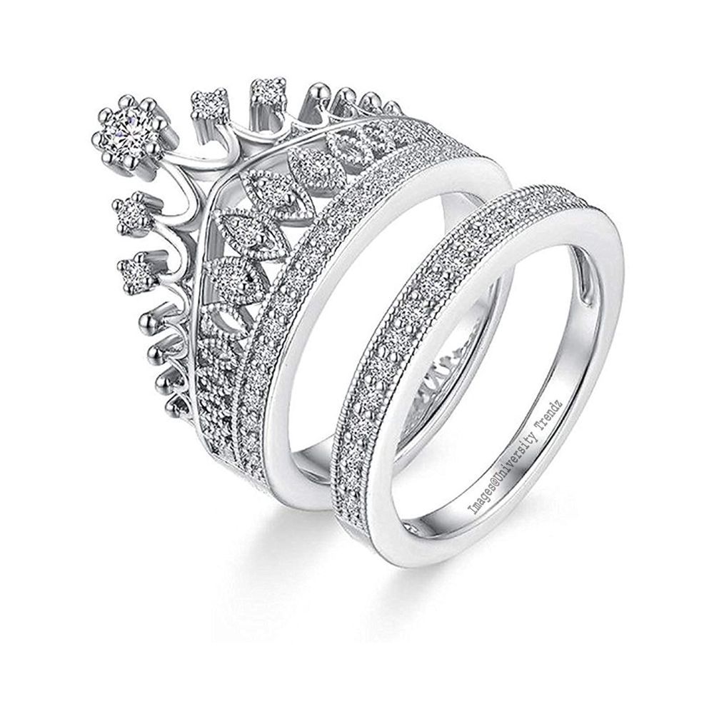 University Trendz Silver Plated Cubic Zirconia Metal Queen Crown Pattern Ring for Women(Silver)