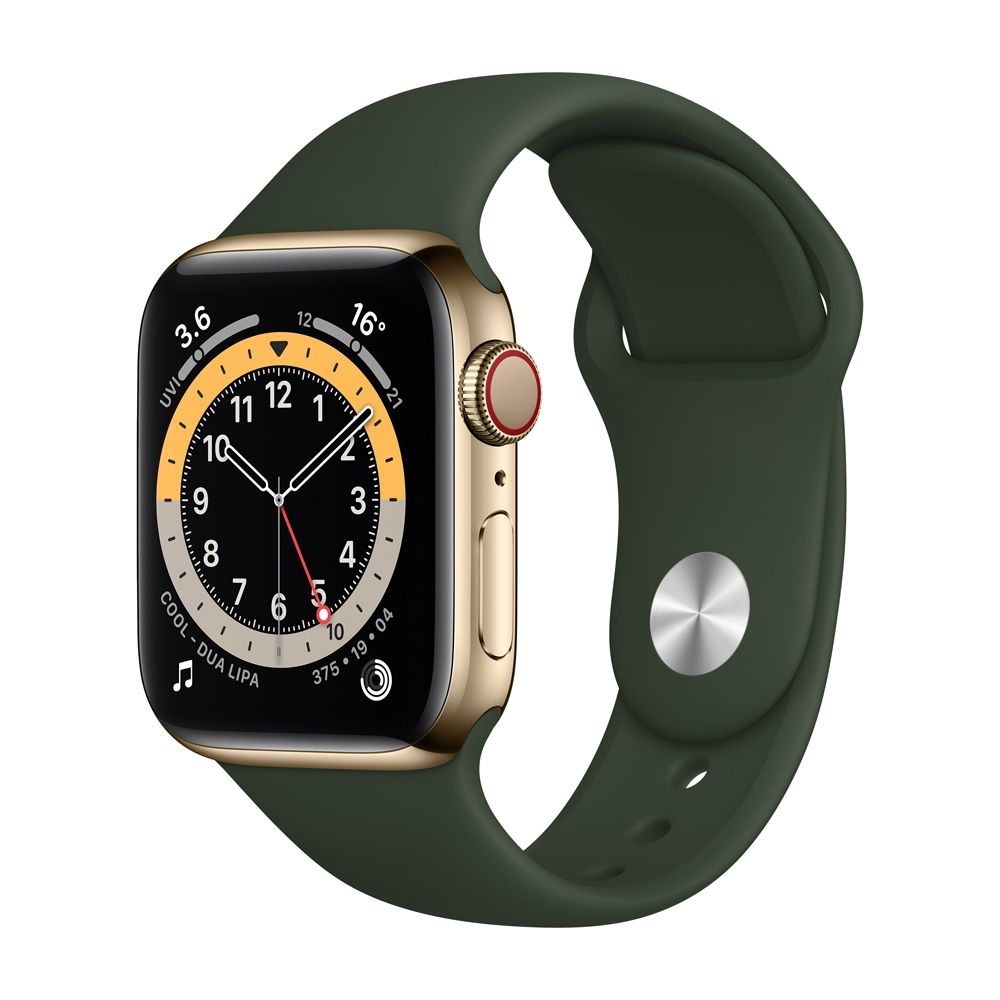 Apple Watch Series 6 GPS + Cellular M09F3HN/A 44 mm Gold Stainless Steel Case with Cyprus Green Sport Band  (Green Strap, Regular)