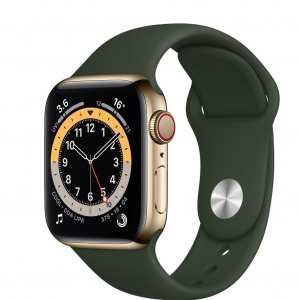 Apple Watch Series 6 GPS + Cellular M09F3HN/A 44 mm Gold Stainless Steel Case with Cyprus Green Sport Band  (Green Strap, Regular)
