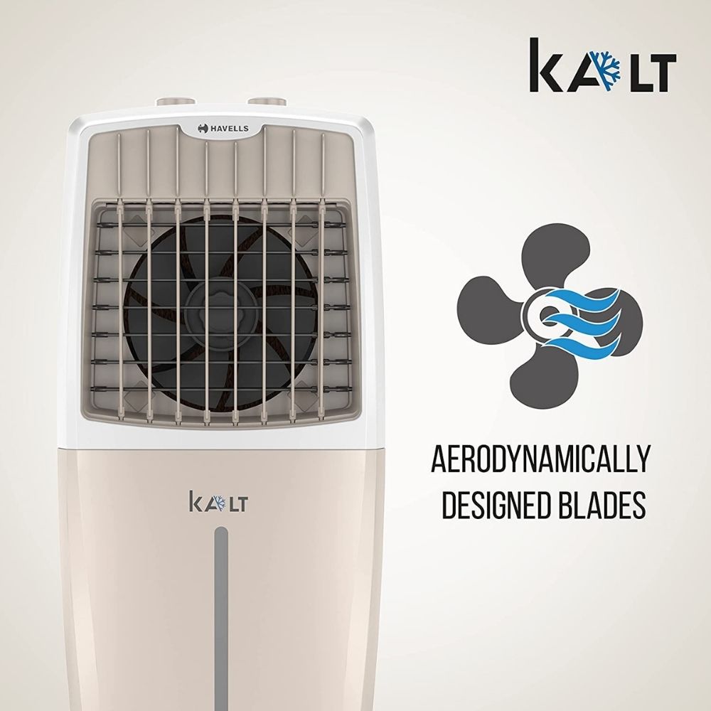 Havells Kalt 24 Litres Personal Air Cooler; Knob panel; 3 Side Honeycomb Pad, White - Champagne Gold