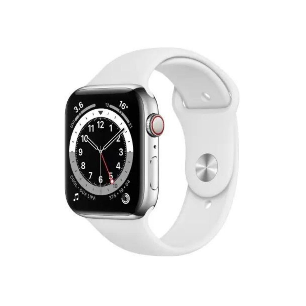 APPLE Watch Series 6 GPS + Cellular M09D3HN/A 44 mm Silver Stainless Steel Case with White Sport Band  (White Strap, Regular)