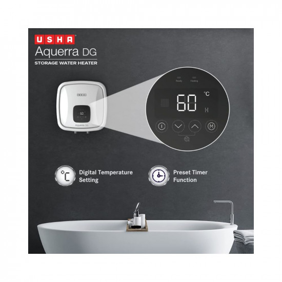 Usha Aquerra Dg 15 Litre 5 Star Digital Storage Water Heater With Remote (White), Wall Mounting