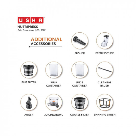 Usha CPJ 382F NutriPress Cold Press Juicer with Full Mouth Feeding Tube, 200 Watt (Black & White)