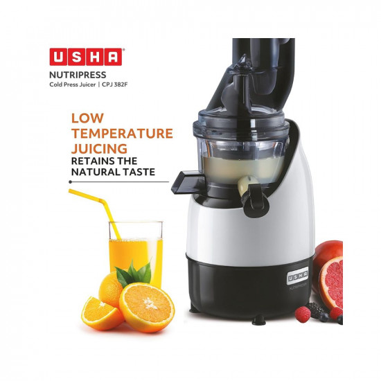 Usha CPJ 382F NutriPress Cold Press Juicer with Full Mouth Feeding Tube, 200 Watt (Black & White)